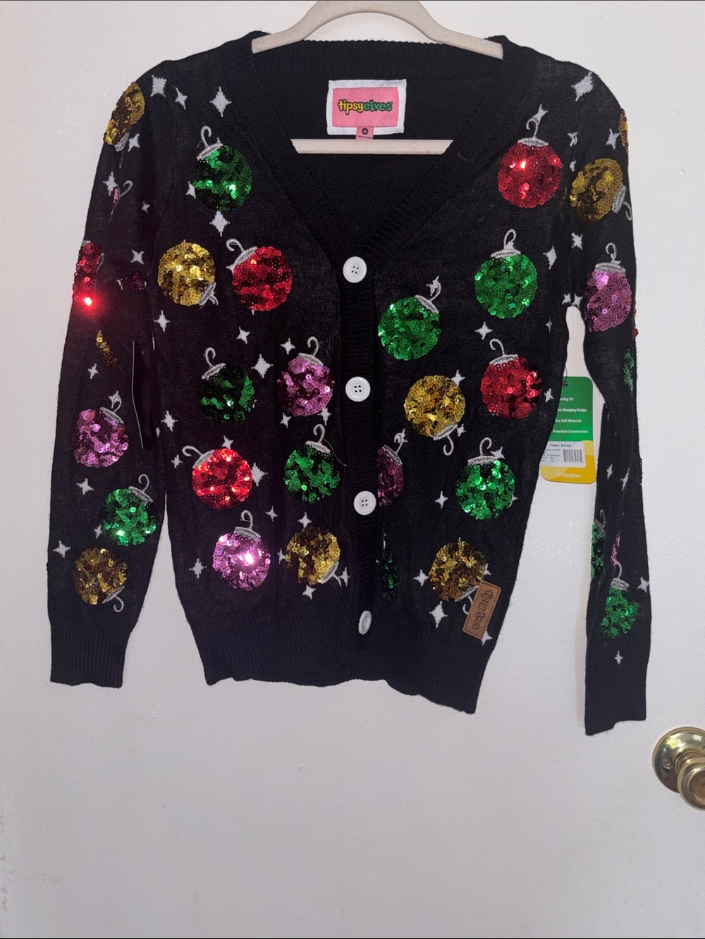 Tipsy Elves Black Sequin Ornament Cardigan with Red Green Gold Pink Accents